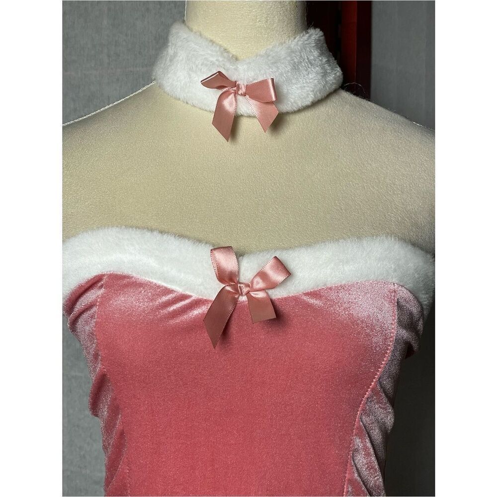 Pink Velvet Faux-Fur Trim Corset Bodice with Fluffy White Collar (Size: Large) - Picture 4 of 12
